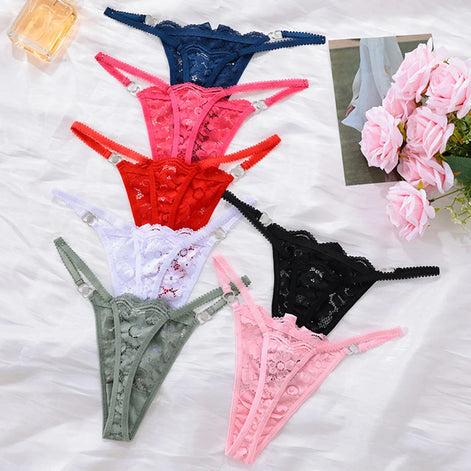 Meet’r Women Lace Panties Sexy Low Waist G String Thong Femal Metal Decoration Elasticity Lingerie Temptation T-Back Underwear
