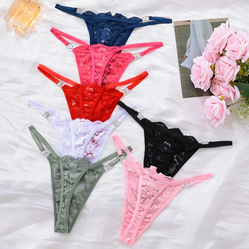 Meet’r Women Lace Panties Sexy Low Waist G String Thong Femal Metal Decoration Elasticity Lingerie Temptation T-Back Underwear