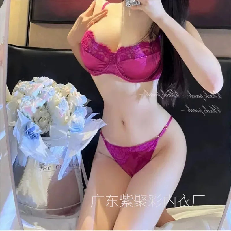 Sexy Underwear Set Women Satin Comfort Ultra-thin Large Breast Soft Steel Ring Supporting Secondary Breasts Anti-sagging Bra Set