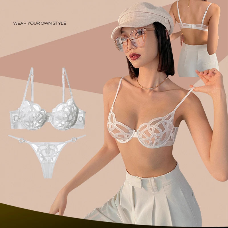 French Sexy Lingerie Set Women Ultra Thin Lace Breathable Bra Set Summer Soft Cup Comfort Underwear Bralette and Panties Thong