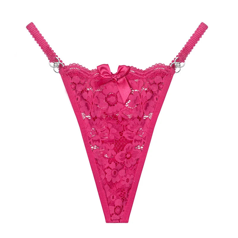 Meet’r Women Lace Panties Sexy Low Waist G String Thong Femal Metal Decoration Elasticity Lingerie Temptation T-Back Underwear