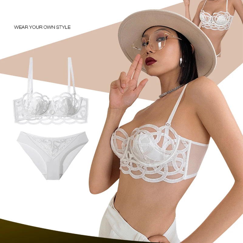 French Sexy Lingerie Set Women Ultra Thin Lace Breathable Bra Set Summer Soft Cup Comfort Underwear Bralette and Panties Thong