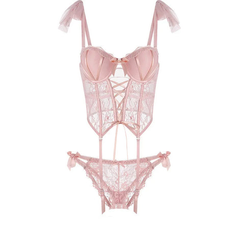 Pink Corsets Ladies Sexy French Lace Corset Lingerie Women Push Up Bra with Chest Pad G-string Thong Bow Vest Bustier Underwear