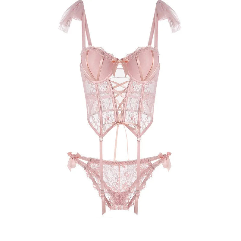 Pink Corsets Ladies Sexy French Lace Corset Lingerie Women Push Up Bra with Chest Pad G-string Thong Bow Vest Bustier Underwear