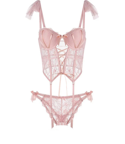 Pink Corsets Ladies Sexy French Lace Corset Lingerie Women Push Up Bra with Chest Pad G-string Thong Bow Vest Bustier Underwear