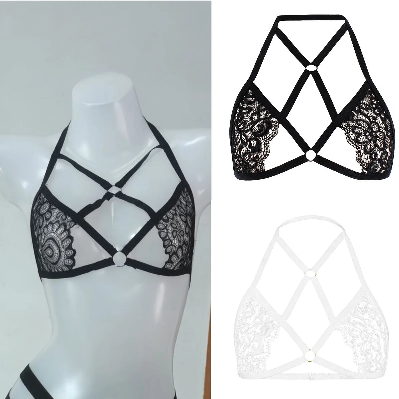 Women's Sexy Lace Strap Bra Halter Neck Crop Tops Hollow Out Sexy Lingerie For Women Temptation Bralette Breast Cutout Corsets