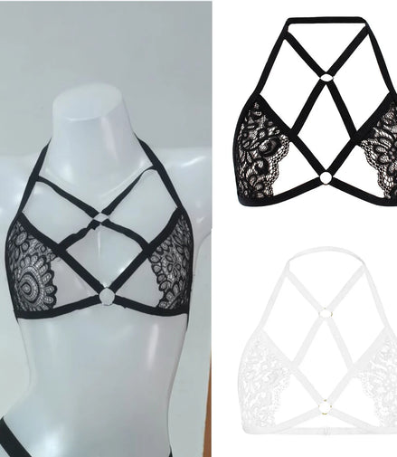 Women's Sexy Lace Strap Bra Halter Neck Crop Tops Hollow Out Sexy Lingerie For Women Temptation Bralette Breast Cutout Corsets
