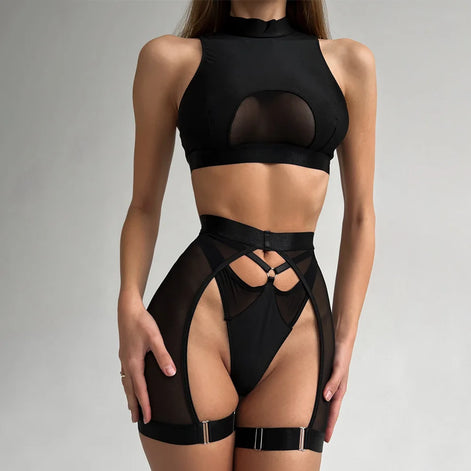 Sexy Lingerie Set Woman 3 Pieces Vest Top Seamless Underwear Garter Belt Set Thong Black Intimate Exotic Sets
