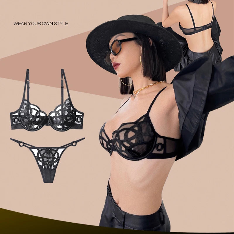 French Sexy Lingerie Set Women Ultra Thin Lace Breathable Bra Set Summer Soft Cup Comfort Underwear Bralette and Panties Thong