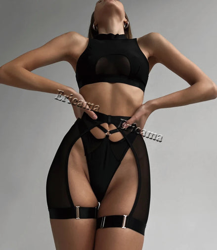 Sexy Lingerie Set Woman 3 Pieces Vest Top Seamless Underwear Garter Belt Set Thong Black Intimate Exotic Sets