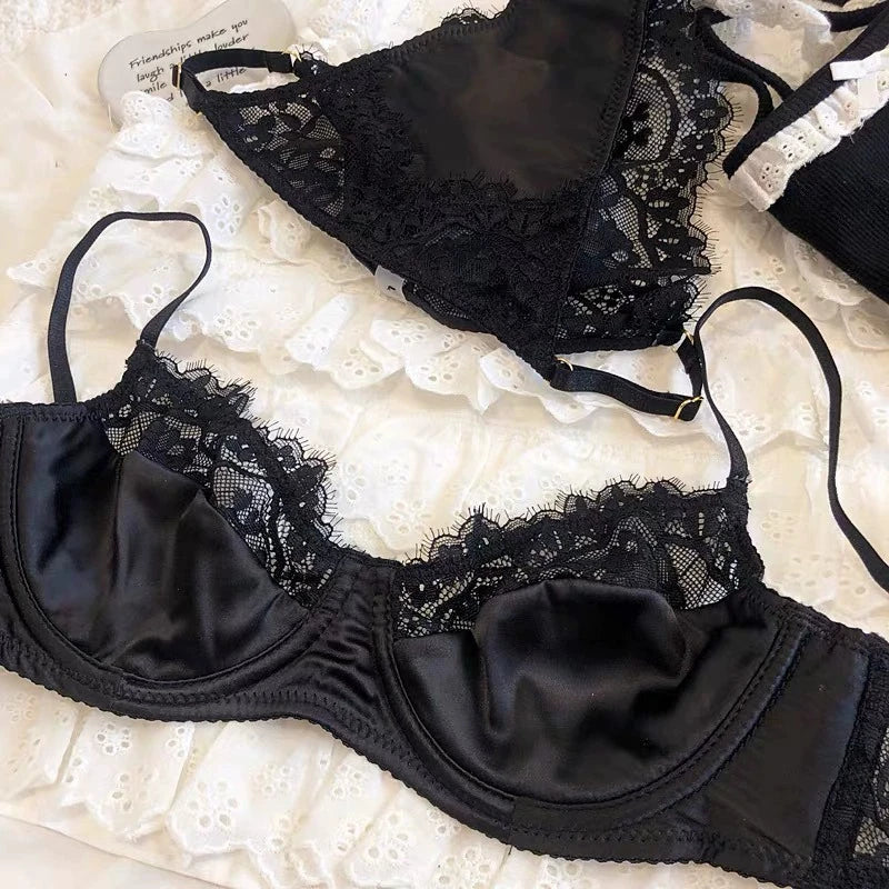 Sexy Underwear Set Women Satin Comfort Ultra-thin Large Breast Soft Steel Ring Supporting Secondary Breasts Anti-sagging Bra Set
