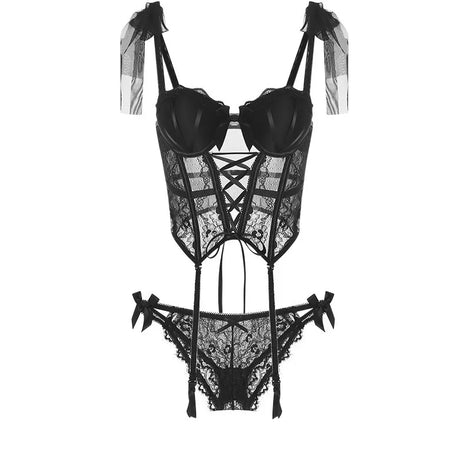 Pink Corsets Ladies Sexy French Lace Corset Lingerie Women Push Up Bra with Chest Pad G-string Thong Bow Vest Bustier Underwear