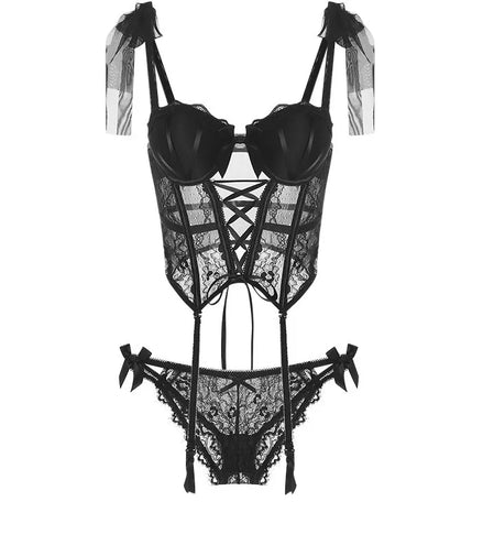 Pink Corsets Ladies Sexy French Lace Corset Lingerie Women Push Up Bra with Chest Pad G-string Thong Bow Vest Bustier Underwear