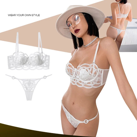French Sexy Lingerie Set Women Ultra Thin Lace Breathable Bra Set Summer Soft Cup Comfort Underwear Bralette and Panties Thong